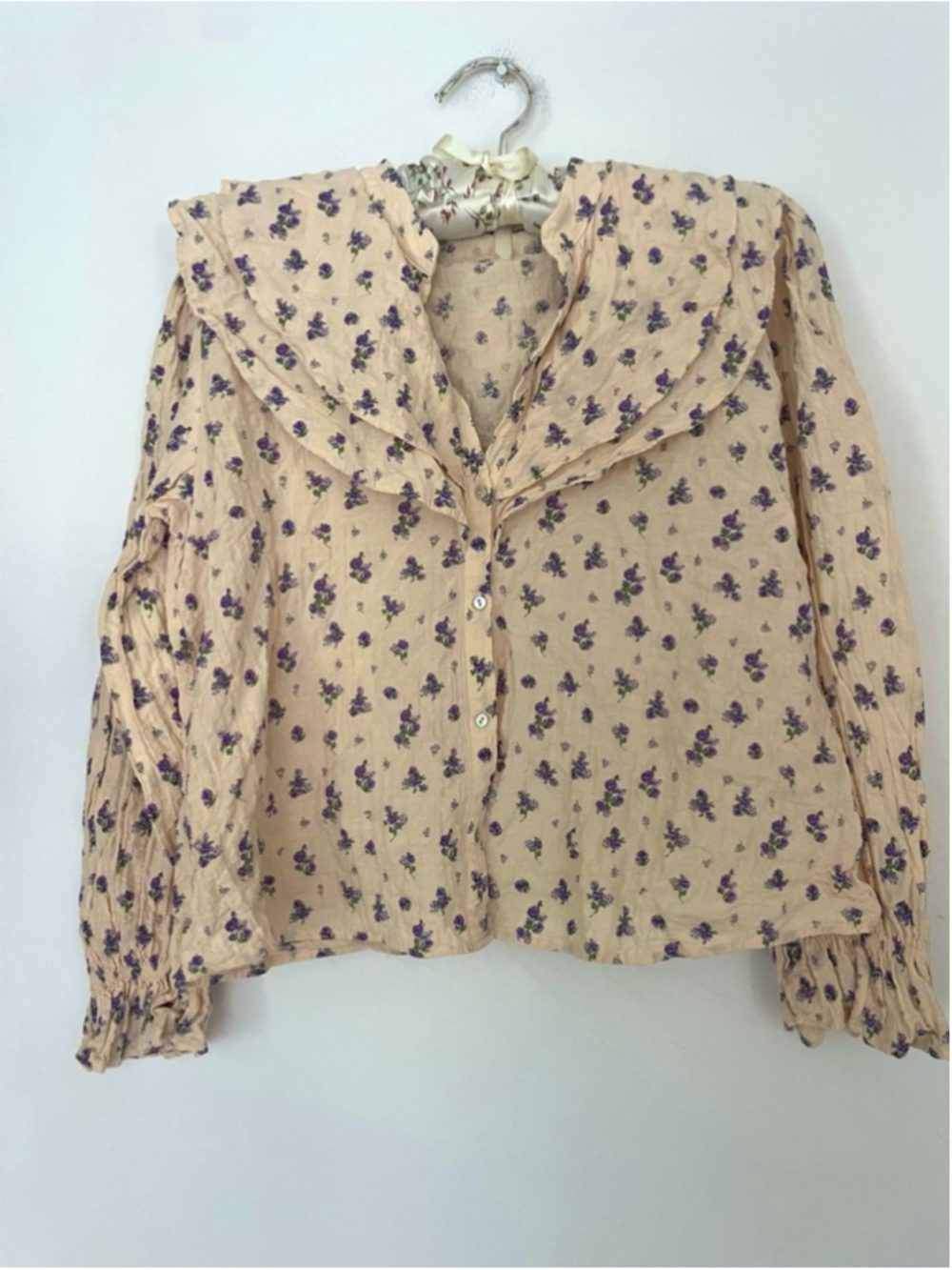 zara Romantic Floral Ruffle Collar Blouse Cream Purple Vintage Inspired - Picture 7 of 11